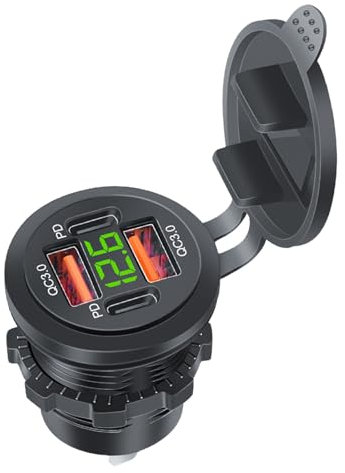 OAJABBGE Double prise QC3.0 + double type C - Prise de charge de voiture avec voltmètre - Prise de charge pour marine