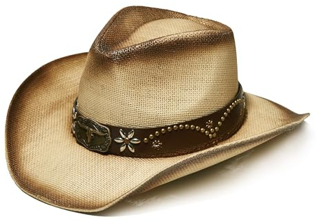 YOUBADU Westernhut aus Stroh, Cowboy- und Cowgirl-Hüte mit dekorativen Bändern, Unisex, breite Krempe, Bast-Stil