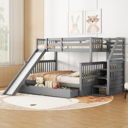 Lexiou Letto a castello, 90 x 200 oltre 140 x 200 cm, con cassetti, spazio e scivolo, multifunzione (grigio)