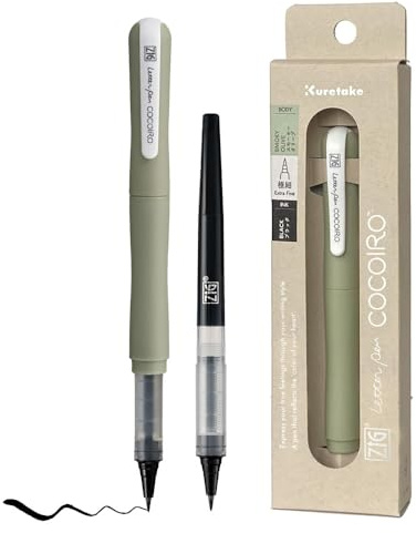 Kuretake ZIG Letter Pen COCOIRO (SMOKY OLIVE) Body mit schwarzer Tinte Nachfüllset, flexible extra feine Pinselspitze, nachfüllbarer Marker, für Kalligraphie, Handlettering, Made in Japan