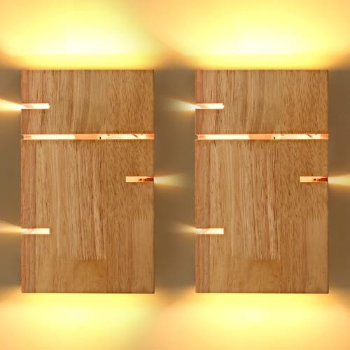 2 Stück Holz Wandleuchte Innen, E27 Wandlampe Vintage, Up Down Licht Flurlampe, Retro Industrial Wandlampen, 3000K Warmweiß, Wandleuchten für Schlafzimmer Wohnzimmer Flur Treppenhaus, inkl. Glühbirne