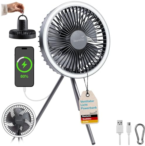 Skandika Campinglampe Solvind mit Ventilator | 3-in-1 Campinglaterne mit Tischventilator & Powerbank, Ringlicht weiß, mit USB Typ C Ladekabel, dimmbar, Timer | Laterne für Camping, Outdoor (Anthrazit)