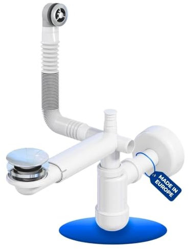 LAXARA Teleskop Siphon für Waschbecken – 1 1/4 Raumsparsiphon Waschtisch aus weißem Kunststoff - Siphon Waschbecken - Horizontal und Vertikal Verstellbar | (Mit Pop Up Ablaufgarnitur + Überlauf)