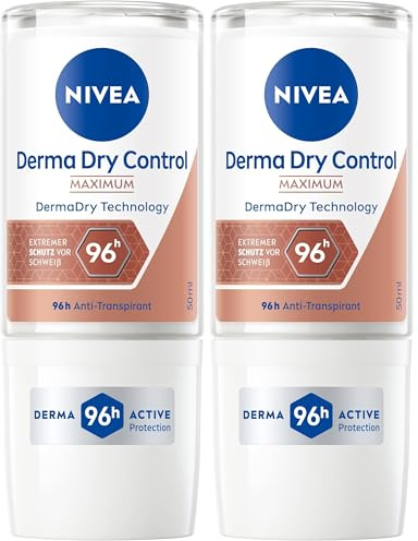 NIVEA Derma Dry Control Deo Roll-on, Deodorant mit 96h Schutz gegen starkes Schwitzen und Geruch, hautschonendes Antitranspirant für ein geschmeidiges Hautgefühl (50 ml) (Packung mit 2)