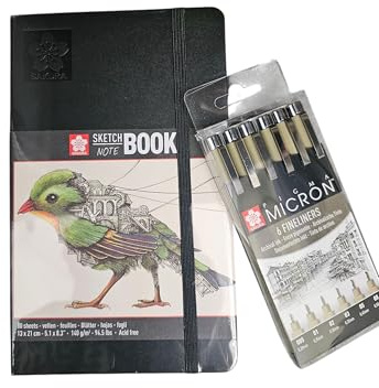 Zeichen Set 6 Pigma Micron Fineliners mit Sacura Skizzenbuch A5 80 Blatt