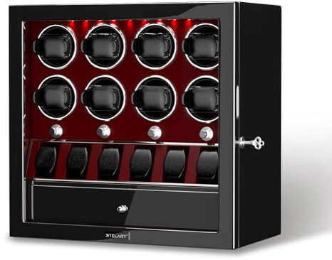 XTELARY Uhrenbeweger, Rot Abschließbarer Uhrenbeweger für 8 mit 6 Speicherplätzen,Aufbewahrungsschublade, 4 Rotationsmodi,Weißes LED-Licht Superleiser Motor und Federuhrkissen für Herren und Damen
