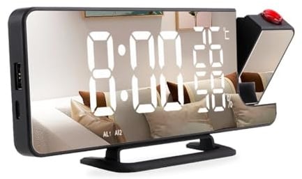 Digitaler Wecker mit LED-Anzeige – AM/FM-Radio, 180°-Projektionsuhr – LED-Nachttischuhr mit USB-Anschluss und Temperatursensor – Moderner Radiowecker fürs Schlafzimmer