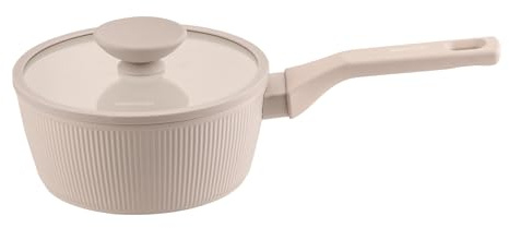 Fackelmann x Pamela Reif Kochtopf mit Stiel – 16 cm, Aus recyceltem Aluminium in Pastell Beige inklusive Glasdeckel, keramische Beschichtung, hitzebeständig bis +150 °C – Nicht nduktionsgeeignet