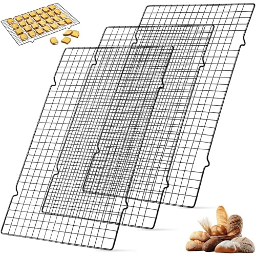 3 Rejillas Enfriamiento, 40x25cm Rejilla Horno Tartas Acero Inoxidable Antiadherentes, Bandejas Estante Hornear Alambre Reutilizable Negro para Enfriar Postre Asados Galletas Asar Escurrir Alimentos