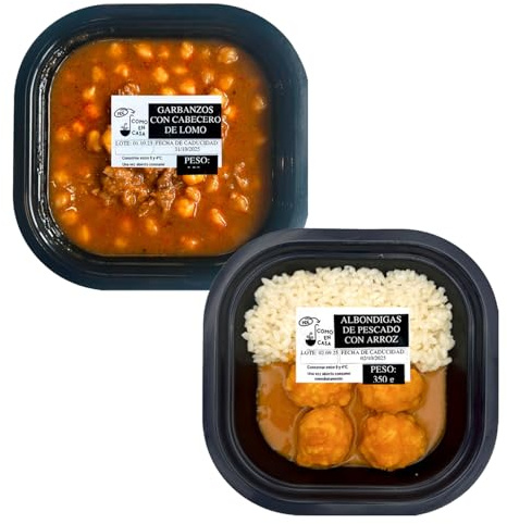PIDE COMO EN CASA | Platos Preparados Listos para Calentar | Garbanzos con Cabecero de Lomo, Albóndigas de Merluza en Salsa Marinera con Arroz | Recetas Tradicionales y Nutritivas | Pack 2 x 350 g