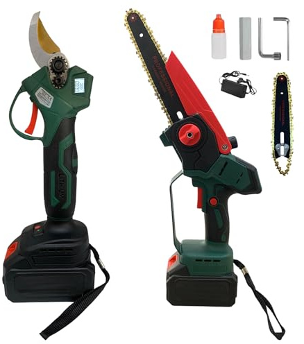 Kit 2 in 1 Motosega Potatore con Doppia Lama 6 e 8 Lubrificazione Olio Automatica + Forbice Cesoia Taglio 35mm Display Digitale Motore Brushless Doppia Batteria 88V 8000mHa da Giardinaggio