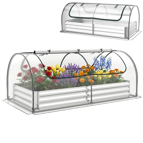GiantexUK Raised Garden Bed with Greenhouse (Clear PVC Cover, 202x101x81cm) | 2 in 1 Galvanized Metal Rectangular Planter Box with Cover & Roll-up Windows, Bottomless Flower Herb Vegetable Grow Box