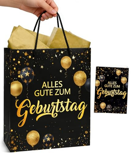 Geschenktüten Geburtstag Schwarz Gold, Geschenktüte mit Geburtstagskarte | Happy Birthday Bag Geschenkverpackung Papiertüten mit Seidenpapier für Frau Mann Junge Mädchen -Alles Gute zum Geburtstag