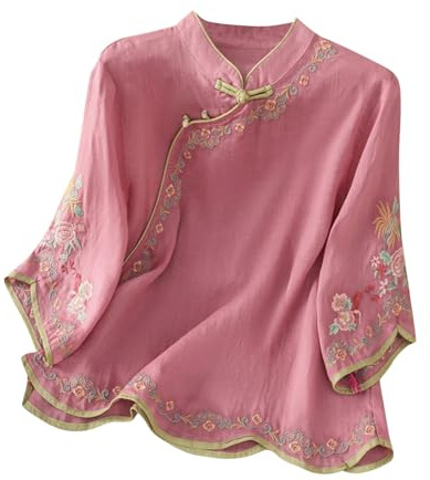 Camisas de manga 3/4 para mujer, elegante blusa bordada floral con estilo chino, botón plegable, ligera, oriental, ropa tradicional china, estilo étnico vintage
