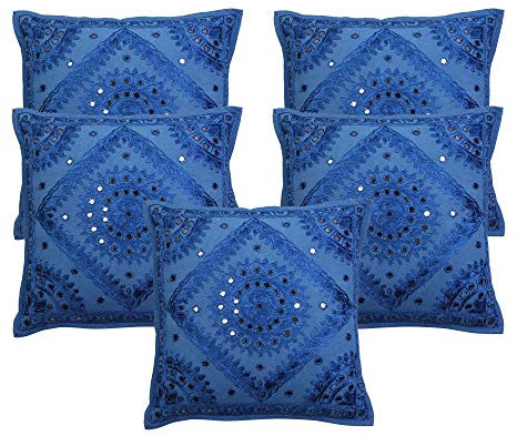Stylo Culture Ethnico Fundas Cojines Decorativa 40x40 cm Algodón Espejado Funda Almohadon Sofa Azul 16x16 Inch Bordado Cuadrado sobre Funda Cojin Silla - 5 Pcs