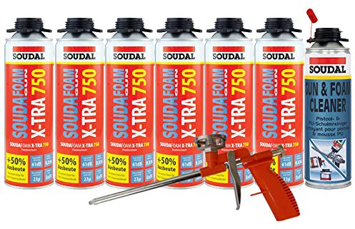 Soudal Kombi Set 6 x Soudafoam B2 X-TRA750 500ml Pistolenschaum Verfüllung Bauanschlussfugen inkl. Reiniger + Schaumpistole Compact- gebrauchsfertig, schall- und wärmedämmend