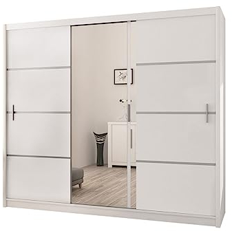 Mirjan24 Kleiderschrank Rapid, Schwebetürenschrank mit Spiegel, Schiebetür, Elegantes Schlafzimmerschrank, Schlafzimmer, Jugendzimmer (Weiß/Spiegel, 250 cm)