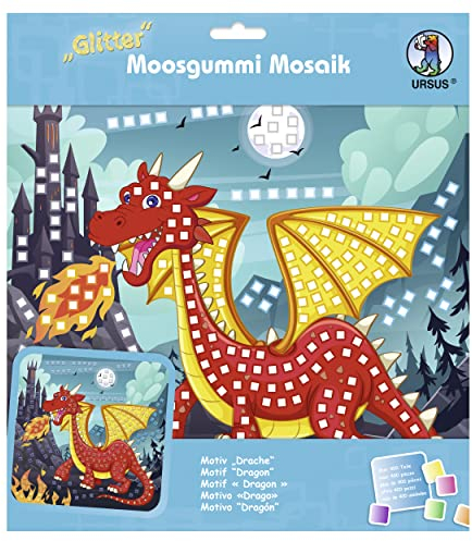 Ursus 8420016 - Glitter Moosgummi Mosaik-Bild Drache, Bastelset für ein Klebebild aus Moosgummi-Stickern, ca. 25 x 25 cm mit Aufsteller, Mittel