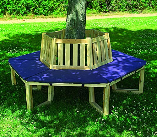 Beauty.Scouts Outdoor Dino Collection Baumbank Leon, Kiefer, Natur/blau, Polster, 205x178x90cm, 360°-Bank, Gartenbank, Bank, Garten, Holzbank, Gartenbaumbank, Gartenholzbank, Möbel