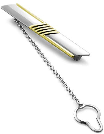 Pince À Cravate Homme En Argent Avec Bandes Dorées Et Sécurité Chaîne