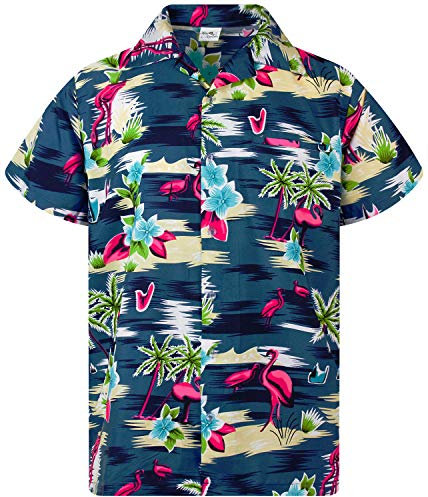 King Kameha Funky Hawaii-Hemd, Herren, Kurzarm, Flamingos, Grau-Blau, L
