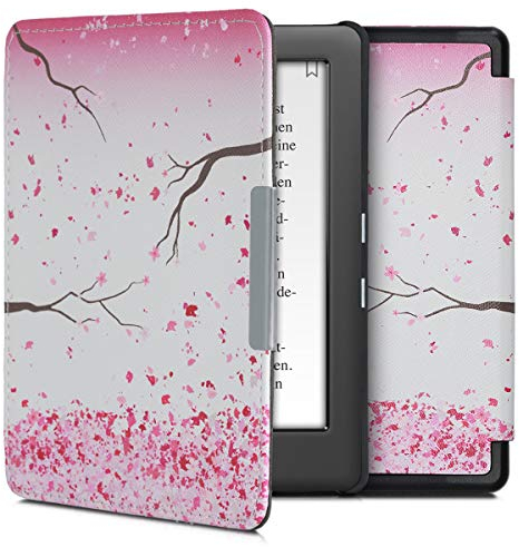 kwmobile Klapphülle kompatibel mit Kobo Glo HD/Touch 2.0 Hülle - eReader Case - Kirschblütenblätter Rosa Dunkelbraun Weiß
