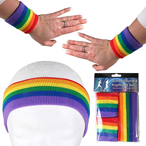 Alsino Stirnband Schweißband Set Damen Herren Sport Elastisch Schweissband Fitness Gestreift Stirn Retro Frottee 80er Jahre Schweißbänder Fasching Karneval (Regenbogen)