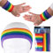 Alsino Stirnband Schweißband Set Damen Herren Sport Elastisch Schweissband Fitness Gestreift Stirn Retro Frottee 80er Jahre Schweißbänder Fasching Karneval (Regenbogen)