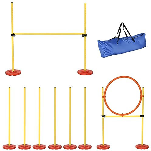 PawHut Dog Agility Equipment Training Portable Obstacle for Pet w/Adjustable Hurdles, Jumping Ring, Weave Poles