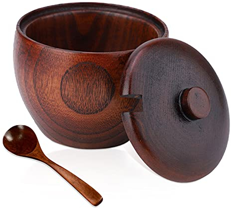 HERCHR Walnut Wood Spice Seasonings Keeper Salt Cellar Box Bowl with Lid for Home Kitchen