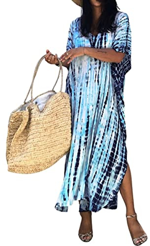 Bsubseach Women Beach Kaftan Dresses Half Sleeve Plus Size Bathing Suit Cover Ups Caftan Dresses Light Blue