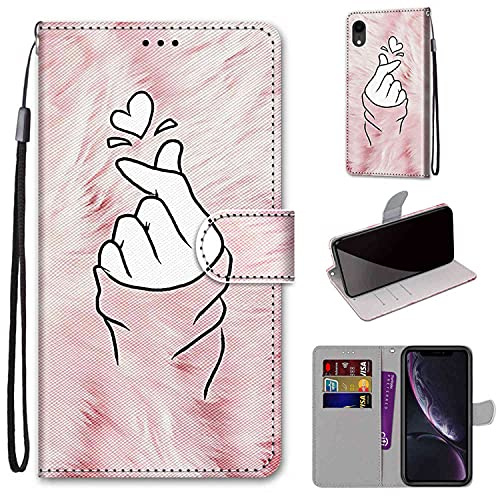 TOMYOU Hülle für iPhone XR, Rosa Hände | Standfunktion, Kartenfach, Magnetisch, Stoßfeste Schutzhülle, Flip Leder, Klapphülle