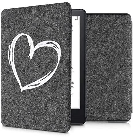 kwmobile Étui liseuse Compatible avec Amazon Kindle Paperwhite 11. Generation 2021 - Housse à Rabat Magnétique en Feutre pour eBook - cœur Peint Blanc-Gris foncé