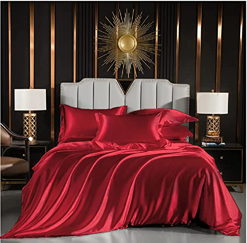 Luofanfei Bettwäsche 135x200cm 4teilig Rot Weinrot Satin Glänzend Seide Glanzsatin Bettwäsche Set Einfarbig Glatt Luxus Polyester Bettbezüge Einzelbett mit Reissverschluss und Kissenbezüge 80x80 cm
