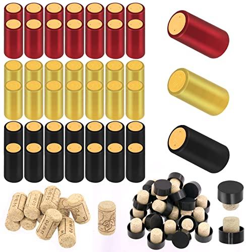 Swpeet Lot de 100 capsules thermorétractables en PVC 3 couleurs et bouchons en liège – Or, noir, rouge pour capsules et bouteilles