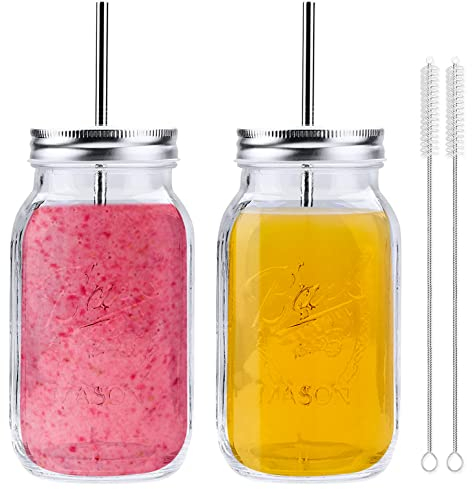 Ulrikco 2 Pack 730ml Glass Mason Jars with Lid and Straw, Wide Mouth, Clear Glass for Storage, Canning, Fermenting, Cold Brew Coffee