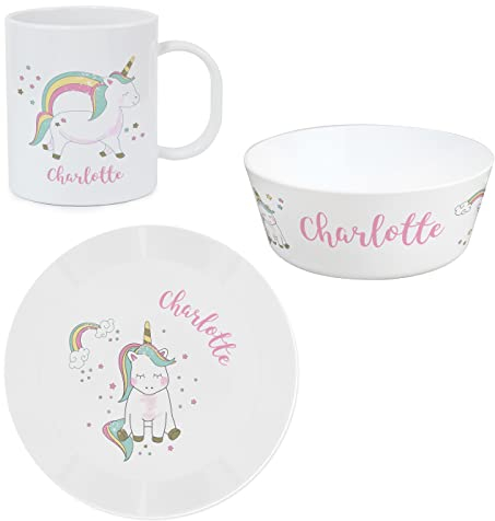 Personalised Breakfast Set. Unicorn Plastic Breakfast Set.
