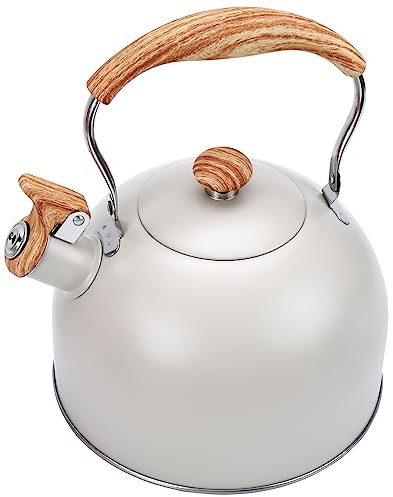 KIAADSY Tea Kettle, 2.6Quart/2.5Liter Whistling Tea Kettle, Teakettle for Stovetop Whistling, Tea kettles Stovetop,Food Grade Stainless Steel Tea Pot with Wood Pattern Folding Handle( light Gray)