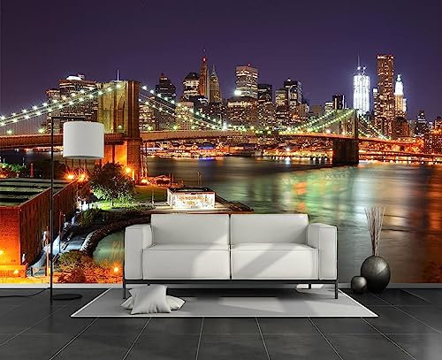 GIVLWF Papier Peint Panoramique de La Ville De New York, Palmier, Pont Brooklyn Poster Murale Intissé - pour Chambre Salon Décoration Murale - 300 x 210 cm