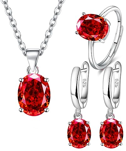 TOEECY Schmuckset für Damen und Mädchen Kristalle 925 Silber Versilbert Anhänger Halskette Ohrringe Ringe Set Schmuck Set Zirkonia Geschenk Brautschmuck(Rot)