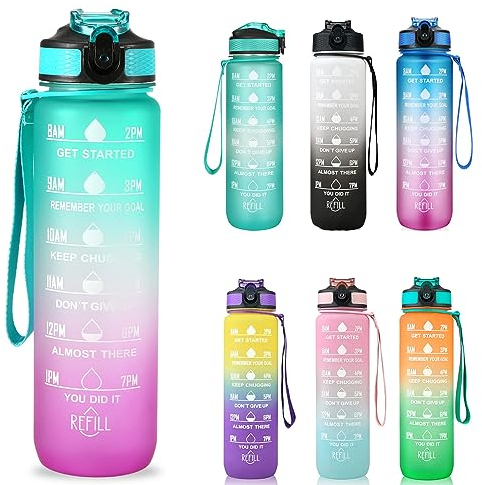 Ritte Trinkflasche 1L, Wasserflasche mit Zeitmarkierungen, Bpa-frei Sport Trinkflasche mit Strohhalm für Herren Damen Radfahren Wandern Laufen Fitnessstudio (Grün + Lila)