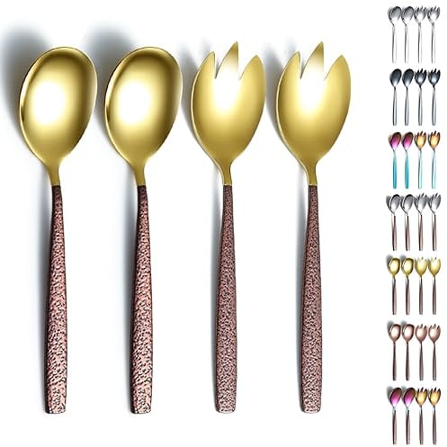Evanda Cubiertos para Servir Ensalada, Set de Servidor de Ensalada de Acero Inoxidable con Mango Marrón y Cabeza Dorada Brillante, Cuchara de Ensalada, Servidor de Ensalada, Pack de 4