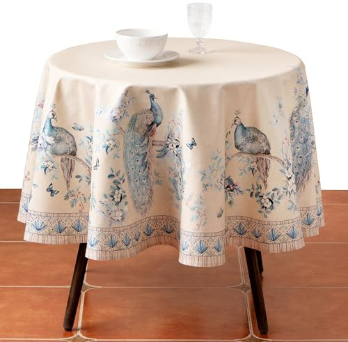 Maison d' Hermine Tischdecke, 100 % gekämmte Baumwolle, hochwertig, dekorativ, 178 cm Durchmesser, runde Tischdecken, waschbar, für Küche, Party, Hochzeit, Restaurant und Camping, Pfau Utopie