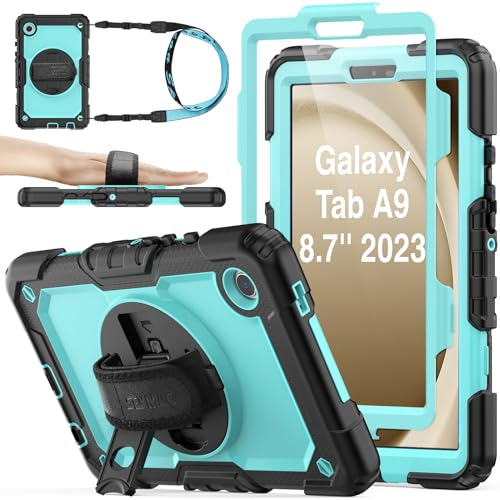 SEYMAC stock for Samsung Galaxy Tab A9 Case 8.7 inch 2023, Heavy Duty Shockproof Cover with Screen Protector, 360° Rotating Stand/Hand Strap & Pen Holder for Samsung A9 Tablet Case, Skyblue