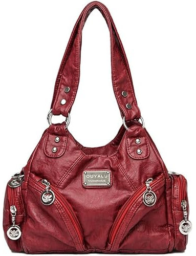 Elsaybro Damen Handtasche Leder Henkeltasche Top Griff Tasche Vintage Weiches Umhängetasche Schultertasche für Frauen Rot