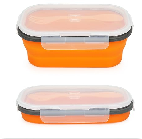 Lunbengo Portable Bento Box Lunch Container, 1000ml Silicone Lunch Box with Lid, Collapsible Food Containers for Camping, Office, Outdoor Picnic, Travel, with 2in1 Fork & Spoon, 1 Pack