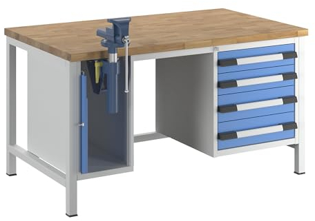 eurokraft | Werkbank | Gestellbauweise Serie 8000 | 4 Schubladen: 2 x 120 | 2 x 150 mm | 1 Schrank | BxT 1500 x 900 mm