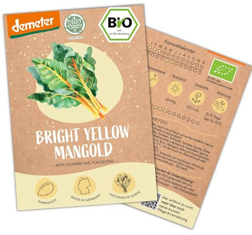 BIO Mangold Samen, 50 Mangoldsamen, hohe Keimrate, Demeter zertifiziert & samenfest | Gemüse Saatgut von LOVEPLANTS, Bunter Bright Yellow Samen für Balkon, Garten, Hochbeet – alte Gemüsesorten