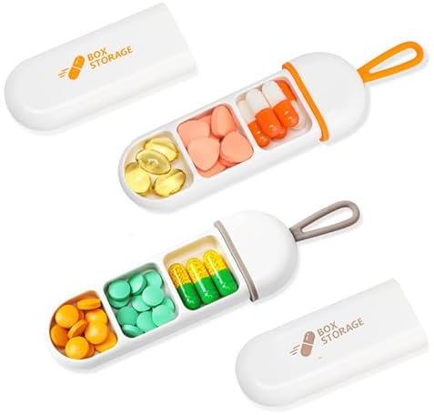 Toplive Pilulier quotidien, pilulier de voyage avec 3 compartiments, pilulier portable pour femmes, pilulier de poche portable pour écoles, bureaux, sorties, courts voyages (lot de 2, orange et gris)