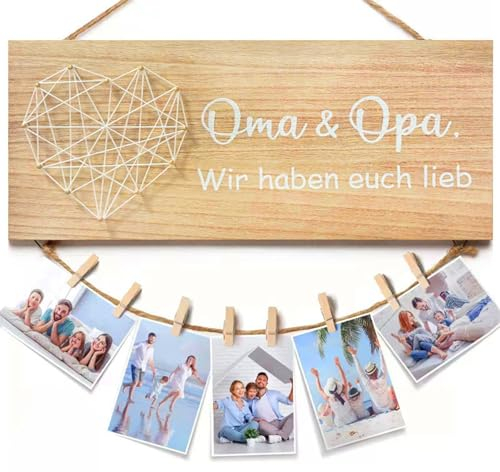 LOEPENLE Geschenk für Oma und Opa,Oma Opa wir haben Dich lieb Holzschild mit Fotoseil und Holz Klammern Wand Bilderrahmen Collage Geschenk,Geschenk Oma Opa Geburtstag,Oma Opa Geschenke Bilderrahmen
